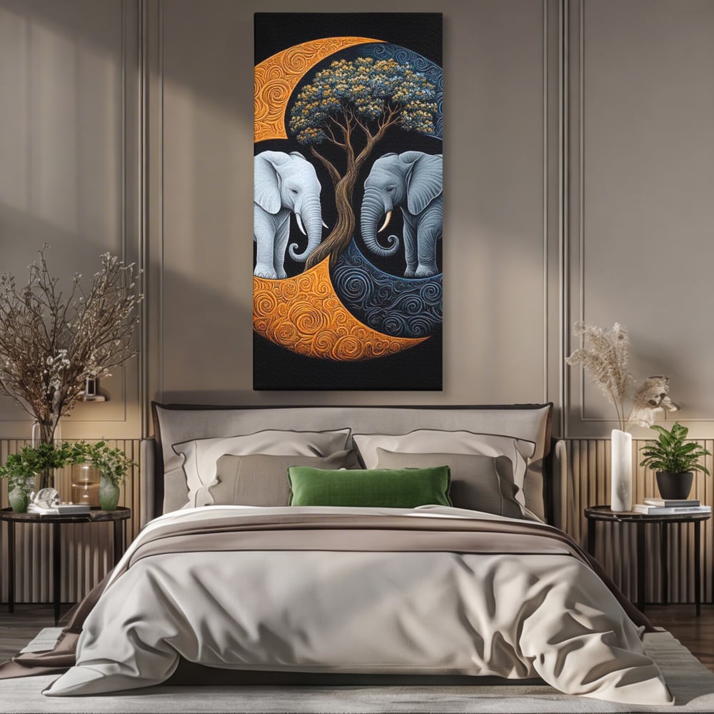 Tablou canvas cu tablou canvas cu elefanti si yin si yang, fara rama, pe sasiu de lemn, pe perete intr-un dormitor